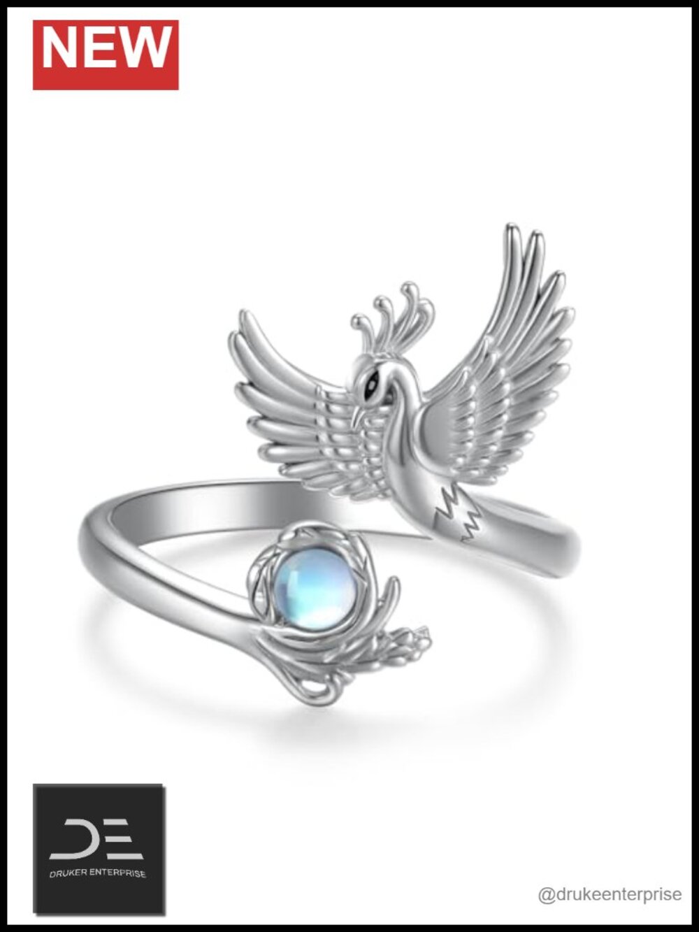 925 Sterling Silver Phoenix Moonstone Ring Adjustable Animal Statement